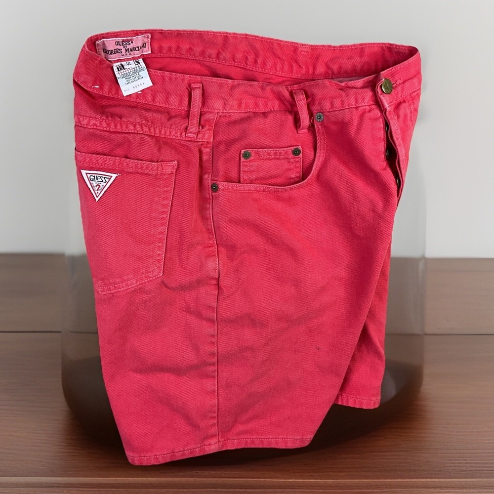 Vintage 80s Guess Georges Marciano‎ Jean Shorts Logo High Rise Red Women Sz 2